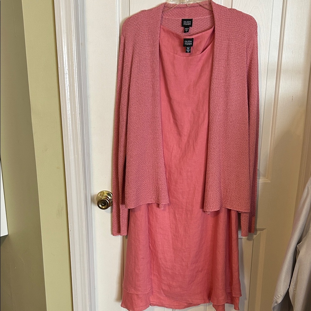 Eileen Fisher Pink Layered Dress and Cardigan Set. Dress M linen, cardigan L.